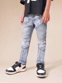 SUMWON Boys Distressed Ribbed Moto Jeans With Paint Splatter Details And Ripped Knee Design For Casual Summer Wear - Light Wash - View 1