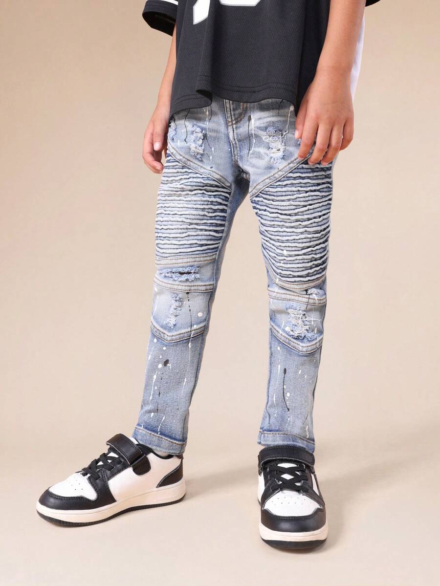 SUMWON Boys Distressed Ribbed Moto Jeans With Paint Splatter Details And Ripped Knee Design For Casual Summer Wear - Light Wash - View 1