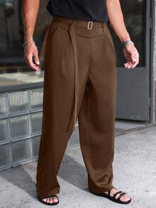 Manfinity Roghcode Manfinity LEGND Men's Black High-Waisted Pleated Wide-Leg Pants, Waist Decor Accent, Fashionable Versatile Brown High Waisted Wide Leg Western Loose - Coffee Brown - View 5