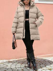 EURMUSE Plus Size Zip Up Drawstring Hooded Padded Coat - Cream - View 3