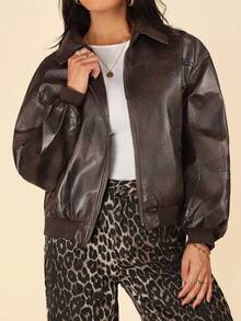 Coeurva Women's Fashionable New Distressed Leather Jacket, Autumn - Brown - View 5