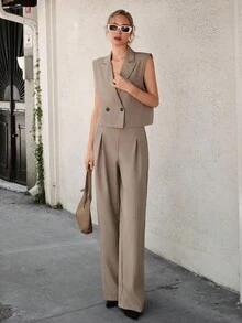 CLARA VERO Striped Wide Shoulder Vest & Pants Suit Set - Mocha Brown - View 6