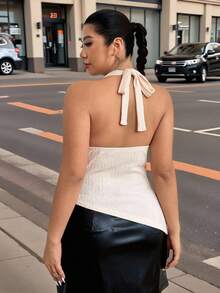 Hourglow Ceceforeign_ Plus Size Women Solid Color Draped Neck Sleeveless Textured Fabric Versatile Summer Halter Backless Halter Top, For Hourglass Body Shape - Apricot - View 5