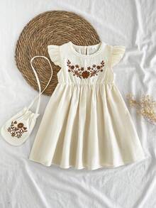 SHEIN Vintaside Kids Young Girl Round Neck Botanical Floral Embroidery Ruffle Cap Sleeve Casual Dress,Blue Butterfly,Summer,Matching,Family Vacation,Vintage Cotton Ivory - Apricot - View 6
