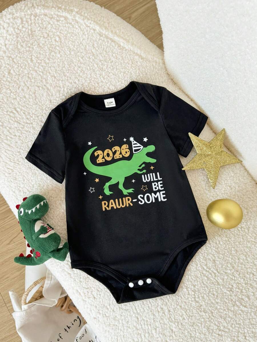 SHEIN Playful Pals Baby Boy Casual Letter & Dinosaur Print Short Sleeve Bodysuit, Suitable For Summer Outings, Home, New Year, Party - Black - View 1