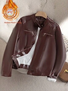 SHEIN Clasi 大码休闲保暖连帽拉链外套，秋冬季，带口袋，舒适保暖，2025新款，大码女式长袖口袋休闲外套，冬季，复古，外出，办公室，秋季，优雅，办公室，新年圣诞节 - 酒紅色 - 查看 2