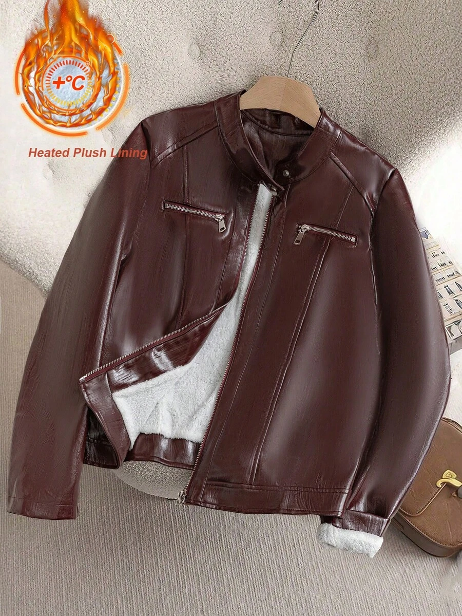 SHEIN Clasi 大码休闲保暖连帽拉链外套，秋冬季，带口袋，舒适保暖，2025新款，大码女式长袖口袋休闲外套，冬季，复古，外出，办公室，秋季，优雅，办公室，新年圣诞节