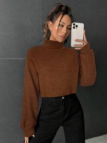 SHEIN EZwear 春季高领落肩罗纹针织灯笼袖短款 T 恤 - 棕色 - 查看 3