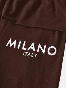 SHEIN Tween Girl Casual Brown Round Neck Letter Print Ruched Long Sleeve Fitted Knit Top And Flare Pants Set, Suitable For Home And Outings, Flare Pants Set, Mommy And Me Matching Outfits, Casual Two Piece Set, 2 Piece Pants Set - Brown - View 5