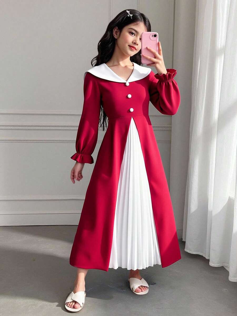 Tween Girl Elegant Color Block Pleated Dress - Burgundy - View 1