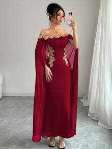 Rafferiza 优雅性感日常百搭金色花朵装饰露肩透视裹腰超长美人鱼连衣裙，黑色，春夏 - 酒紅色 - 查看 3