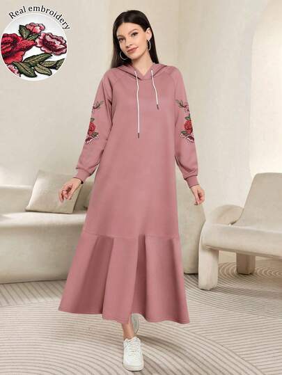 Modelyn 花卉刺绣时尚插肩袖长袖女式连衣裙，春秋季