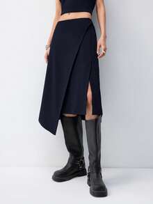LYSMO 2025年秋季新款女士海军蓝垂坠不对称半身裙 - 藏蓝色 - 查看 4