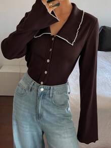 Livesso Áo khoác cardigan dài tay cổ bẻ thường ngày dành cho nữ, thiết kế tối giản, mặc hàng ngày, mùa thu - Cà phê nâu - Xem 3