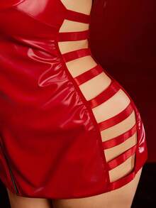 EmpressEnvy Plus Size Alluring Red PU Leather Zipper Side Boning Multi-Strap Patchwork 2 Pieces Sexy Lingerie Dress Set - Red - View 6