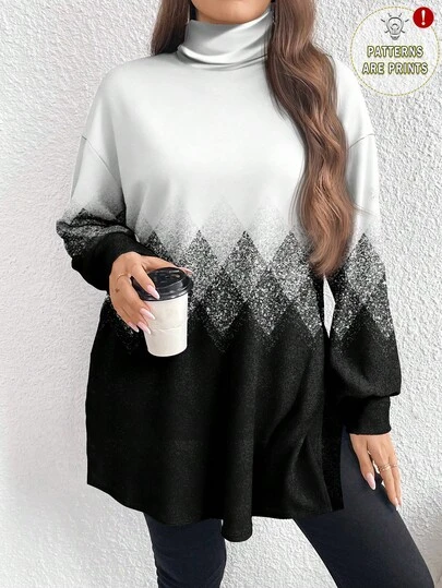 EMERY ROSE Casual Rhombus Gradient Glitter Print Plus Size Women Turtleneck Long T-Shirt, Elegant Dress For Women, Suitable For Autumn, , , Black & White Modest Top,Flower/Spring/Summer/Vacation