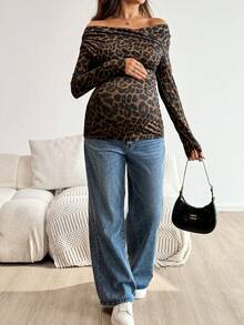 SHEIN Spring Fall ,Autumn ,Maternity Casual Woman, Fall ,Autumn ,Pregnant Women's Casual Chic Leopard Print Overlap Off Shoulder Fitted Long Sleeve T-Shirt, Spring/Autumn Leopard Print Top Cheetah Print Tops Women's Long Sleeve Top Maternity Long Sleeve Top - Brown - View 6