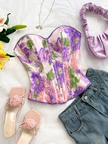 Soleia Top court bandeau style vintage avec imprimé floral jacquard, avec boutons et lien dans le dos pour femmes - Multicolore - Voir 3