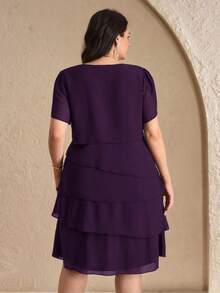 Chikora Gaun Ukuran Besar Elegan Warna Polos dengan Hem Berlapis dan Rumbai, Musim Panas - Purple - View 2