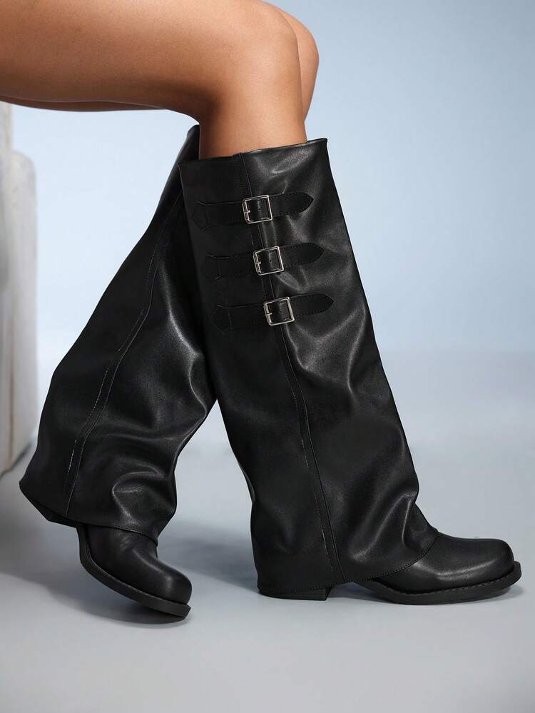 CUCCOO GRLICON Women's Buckle Design Casual Fashion Chunky Heel Knee-High Boots