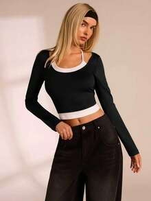 SHEIN Glamour Chemise décontractée mode sexy polyvalente en patchwork bleu marine et blanc avec laçage, Blouse femme bicolore, Top femme bleu polyvalent pour le travail, les vacances et les sports - Multicolore - Voir 6