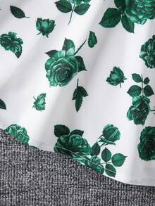 SHEIN Set de 2 piezas: Vestido con estampado de porcelana floral azul y cárdigan con ribete de volantes para niñas jóvenes - Verde Oscuro - Ver 5