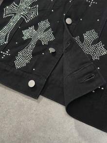 ROMWE MEN Men's Rhinestone Cross Pattern Long Sleeve Single-Breasted Denim Jacket - Black - View 7