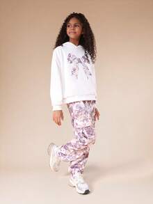 SUMWON Tween Floral Print Hoodie And Jogger Co-Ord Set Without Drawstring Hood Centre Pocket Elastic Waist Casual Relaxed Fit Purple White Two Piece Outfit Vacation - White - View 6