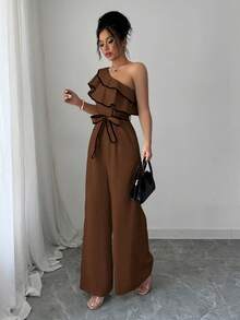 Elenzga 女士荷叶边肩部系带直筒连体裤 - 咖啡棕 - 查看 3