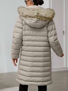 EURMUSE Fuzzy Trim Hooded Padded Coat - Camel - View 2