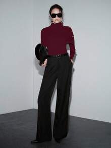 SHEIN Luminelle 全新女式金属纽扣装饰长袖针织毛衣斗篷 - 紅色 - 查看 3