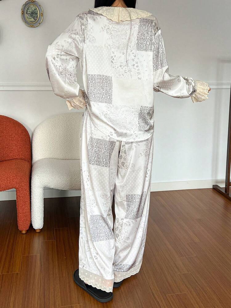 Paisley Pattern Satin Patchwork Ruffle Trim Women Pajama Set