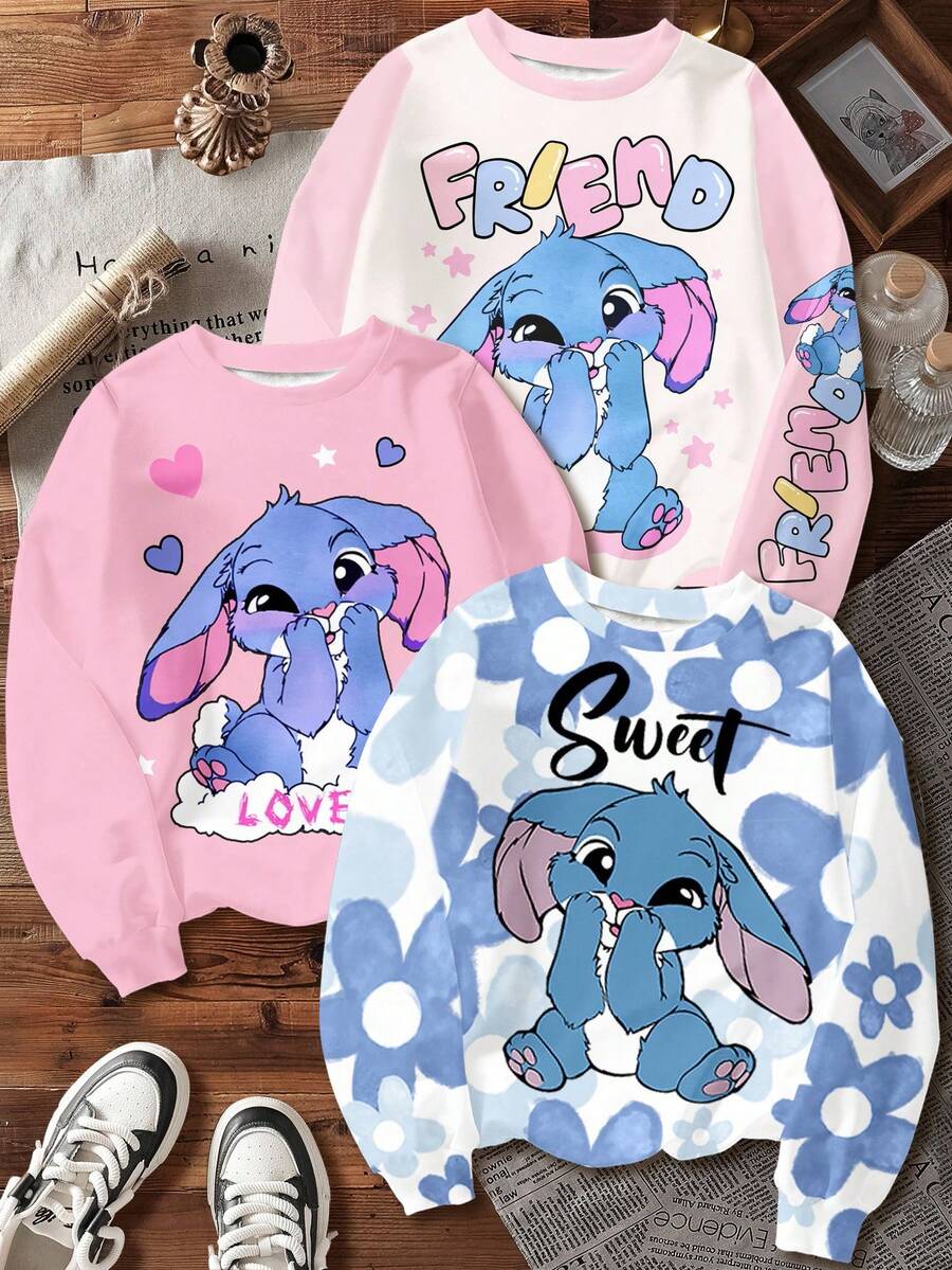 Sudadera holgada de punto de manga larga cómoda para uso diario con cuello redondo, con estampado de conejo azul de Lulu y Stitch, degradado azul floral, blanco crema y rosa crema, adecuada para otoño/invierno, vibraciones de vacaciones, viaje soleado, atuendos casuales de primavera, escapada de verano, momentos familiares, estilo Y2K chica coco boho vacaciones primavera, vibraciones de playa neón, festival de música hippie bohemia