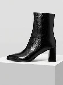 MOTF WOMEN'S SOLID COLOR FASHION POINTED TOE SIDE ZIPPER HIGH HEEL MID-CALF BOOTS FOR CHRISTMAS - Black - View 2