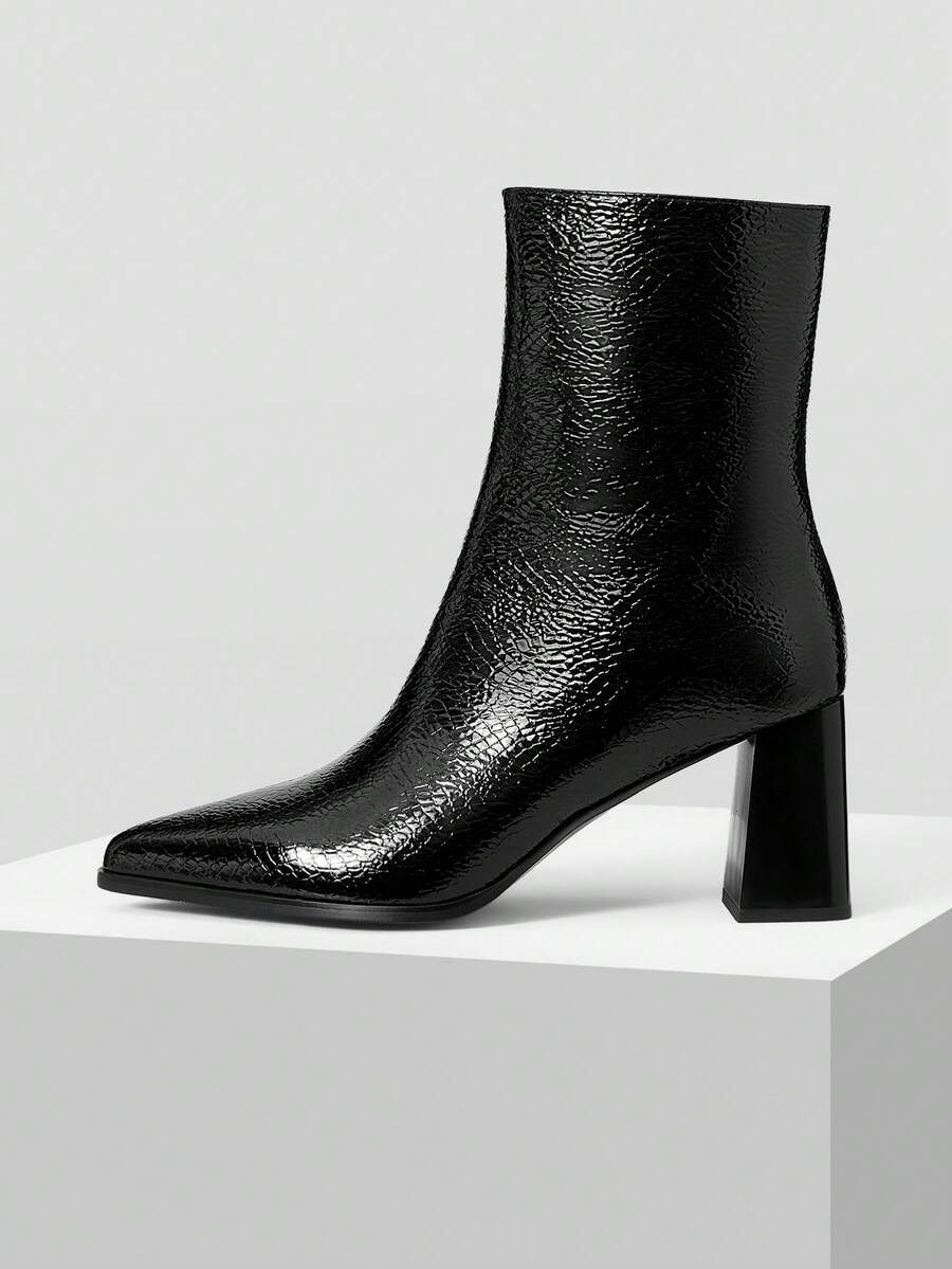 MOTF WOMEN'S SOLID COLOR FASHION POINTED TOE SIDE ZIPPER HIGH HEEL MID-CALF BOOTS FOR CHRISTMAS - Black - View 2