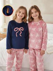 Tween Mädchen Pyjama Set, Flanell Schleife & Herz Muster Nachtwäsche, bestickte Schleife Rundhals Langarm Top kombiniert mit Hose mit durchgehendem Schleifen Muster, weich & gemütlich, wolkengleicher Komfort, perfekt für Weihnachten, Valentinstag, Geburtstag, Geschenke für beste Freundinnen - marineblau - Übersicht 7