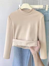 SHEIN Maglietta a collo alto a maniche lunghe con fodera termica, tinta unita, casual e versatile, adatta per ragazze pre-adolescenti, perfetta per autunno/inverno, ideale per Ognissanti, Natale, Capodanno, casa, scuola, attività all'aperto