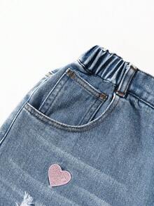 SHEIN ChillGRL 2025秋冬新款少女时尚爱心刺绣破洞阔腿牛仔裤 - 藍色 - 查看 6