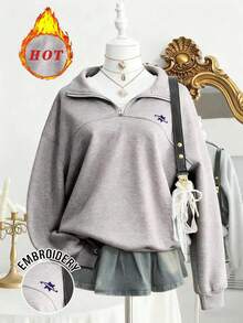 Lalippa Sudadera holgada de media cremallera de estilo casual para mujer - Gris - Ver 3