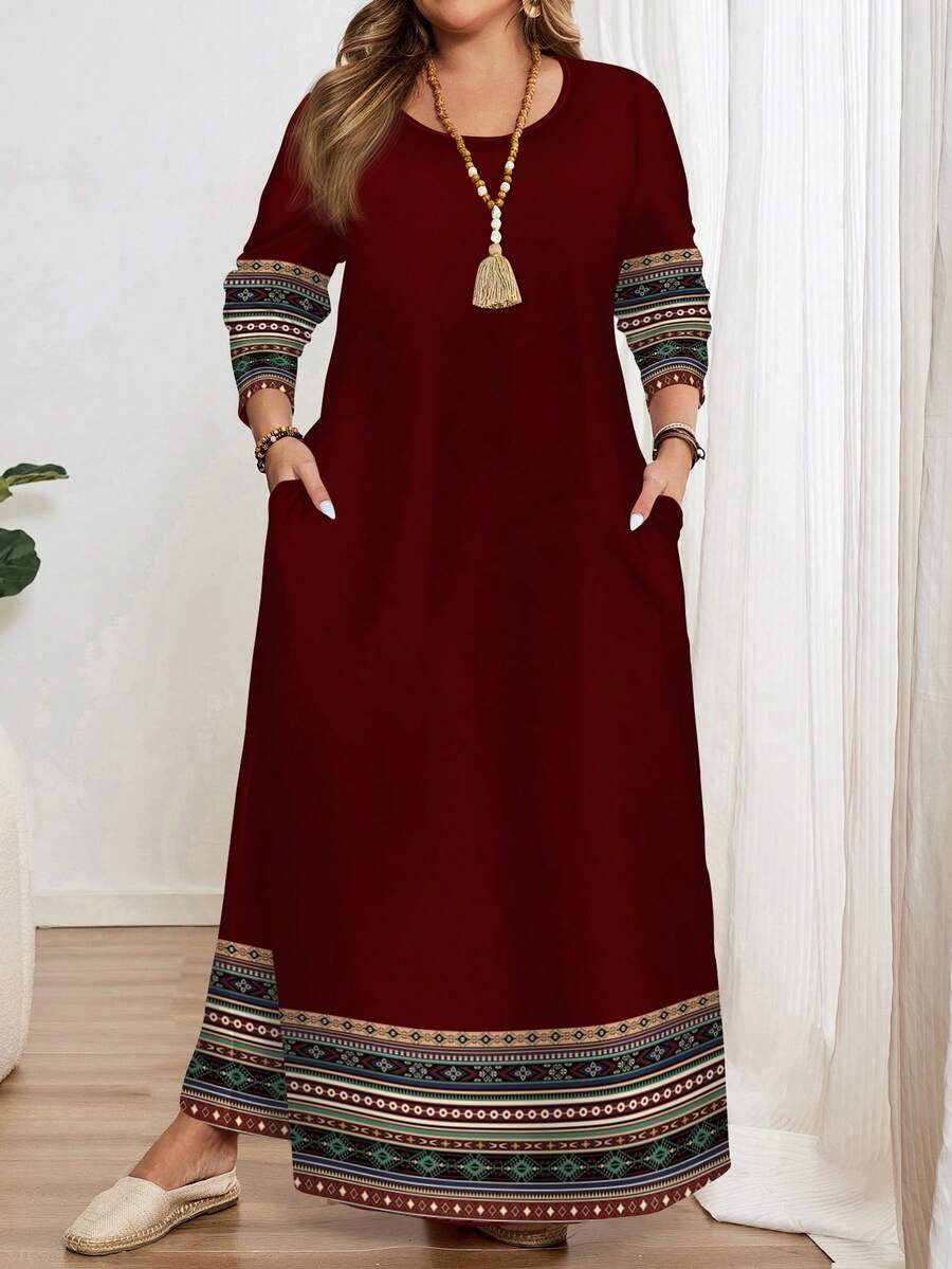 EMERY ROSE Casual Geometric Print Bohemian Style Plus Size Long Sleeve Crew Neck Dress, Suitable For ,Spring/Summer/Vacation - Multicolor - View 1