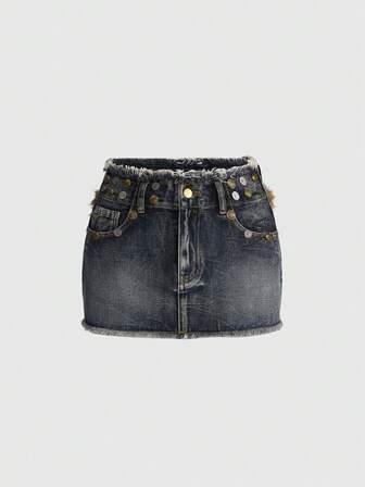 Grunge Punk Minifalda de mezclilla con cintura baja, parches de piel sintética bordada con botones vintage y desgastada
