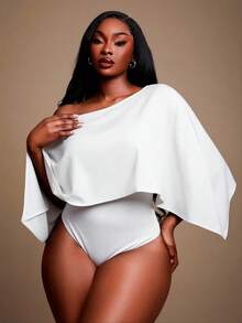 Radiana Plus Size Women's Elegant Sexy Daily Basic Apricot Solid Color Elegant Off Shoulder Batwing Cape Style Bodysuit - White - View 3