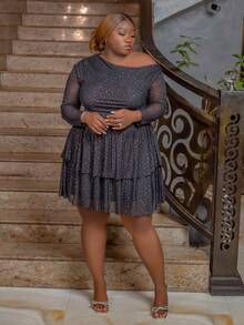 CurvyTilda Plus Size Fall Elegant Sweet Sexy Woman Black Shiny Sequin Mesh Asymmetrical Oblique Shoulder Long Sleeves Cascading Ruffle Hem Mini Dress Fairy Core Dress, For Hourglass Body Shape - Black - View 4