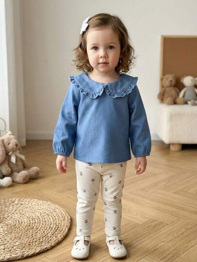 Playful Pals Conjunto de blusa de manga abullonada con cuello de muñeca de estilo Oxford azul y pantalones con estampado de cerezas y cintura elástica para bebé niña, atuendo casual y cómodo para primavera/otoño, adecuado para uso diario y juego al aire libre