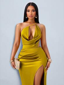SOLERSUN Váy satin xẻ cao cổ khoét sâu màu mù tạt thanh lịch dành cho nữ - Màu Mù tạt vàng - Xem 2