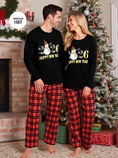 Velminro 남성 슬로건 & 눈사람 프린트 긴소매 탑과 격자 무늬 바지 잠옷 세트