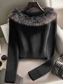 Franclia Áo len chui đầu tay dài cổ lông chắp vá thanh lịch dành cho nữ, thiết kế cao cấp, kiểu dáng đi làm, cỡ lớn, mùa thu/đông - màu đen - Xem 1