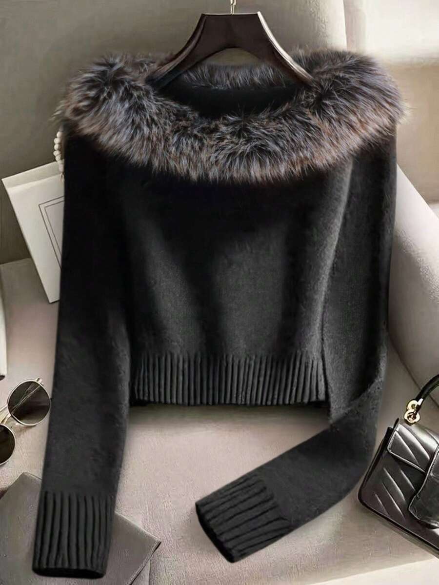 Franclia Áo len chui đầu tay dài cổ lông chắp vá thanh lịch dành cho nữ, thiết kế cao cấp, kiểu dáng đi làm, cỡ lớn, mùa thu/đông - màu đen - Xem 1