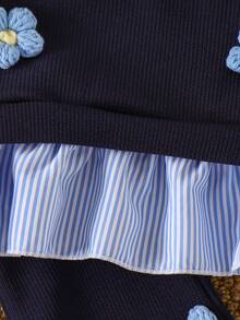 SHEIN 女童甜美花卉图案蓝白条纹上衣搭配简约蓝色长裤休闲T恤套装 - 藍色 - 查看 8
