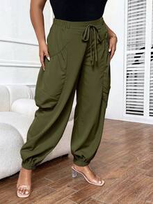 SHEIN LUNE CURVE Quần dài thoải mái, rộng rãi, màu trơn, thường ngày - màu xanh lá - Xem 3